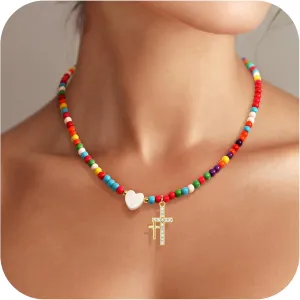 Colorful Beaded Choker Necklaces for Women Cross Necklace 18K Real Gold Plated Dainty CZ Heart Cross Pendant for Women Faith Jewelry Religious Minimalist Gift
