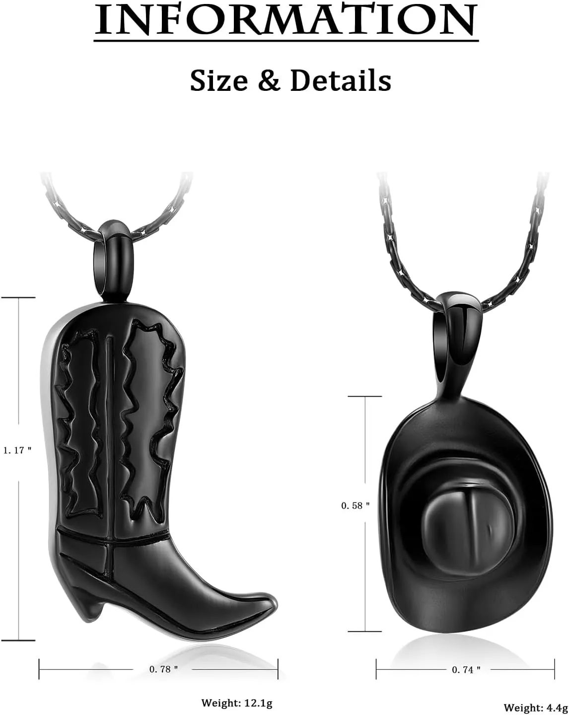 constantlife 2 Pack Cremation Jewelry for Ashes Stainless Steel Cowboy Boot & Hat Urn Necklace Keepsake Memorial Pendant for Women Men