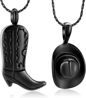 constantlife 2 Pack Cremation Jewelry for Ashes Stainless Steel Cowboy Boot & Hat Urn Necklace Keepsake Memorial Pendant for Women Men