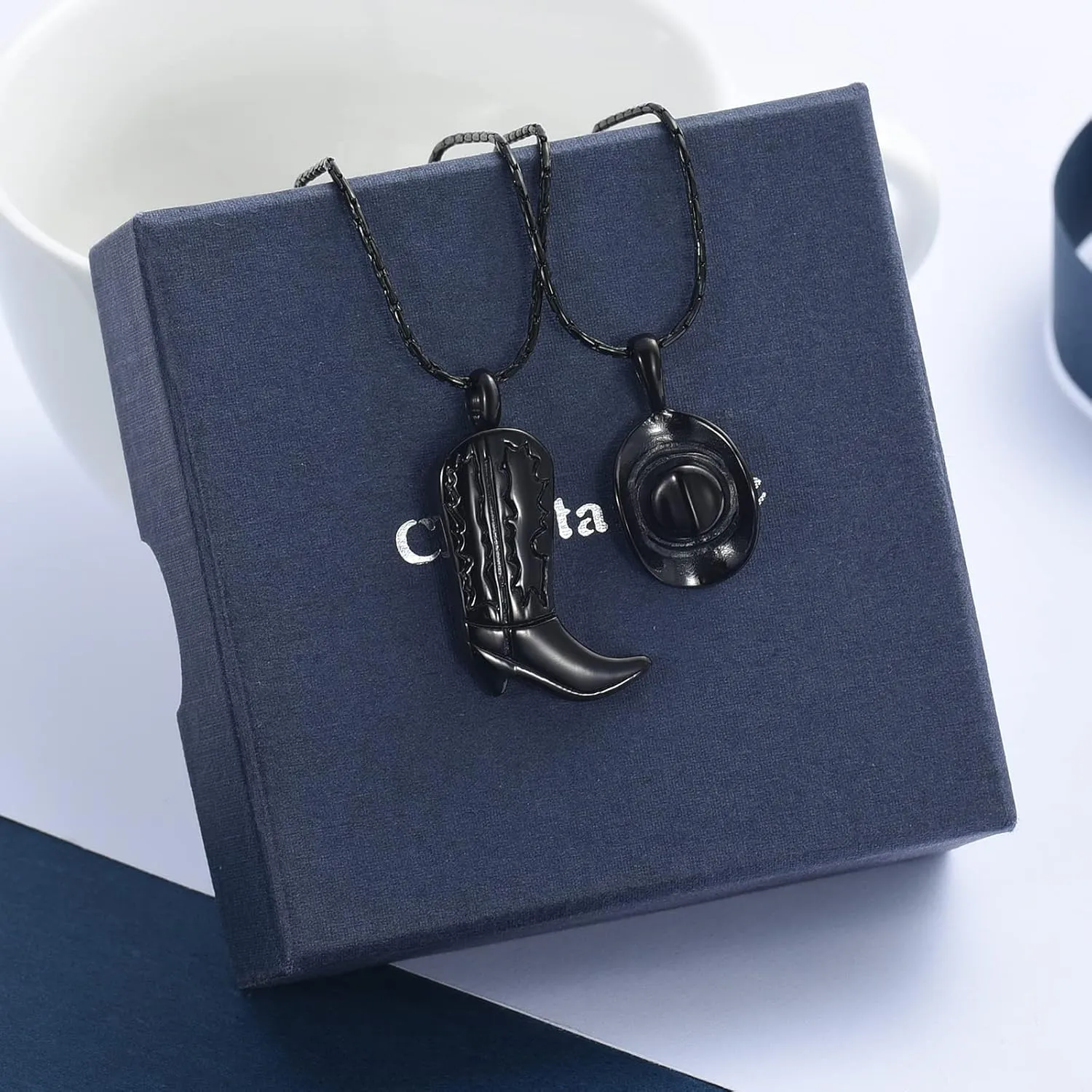 constantlife 2 Pack Cremation Jewelry for Ashes Stainless Steel Cowboy Boot & Hat Urn Necklace Keepsake Memorial Pendant for Women Men