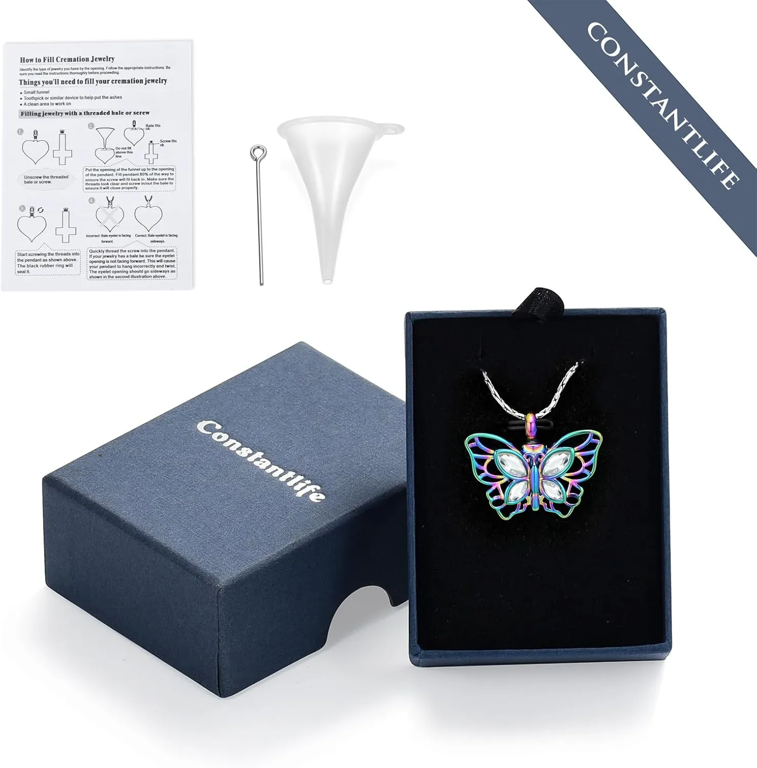constantlife Butterfly Urn Necklace Cremation Jewelry for Ashes for Women Stainless Steel Inlaid Crystal Memorial Pendant Human Pet Ash Holder Keepsake Gift