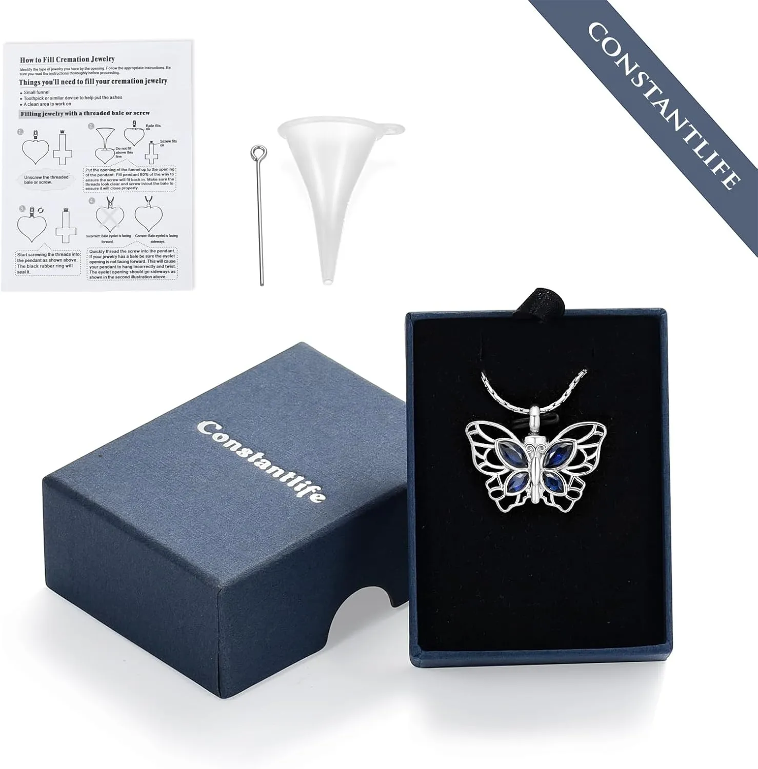constantlife Butterfly Urn Necklace Cremation Jewelry for Ashes for Women Stainless Steel Inlaid Crystal Memorial Pendant Human Pet Ash Holder Keepsake Gift