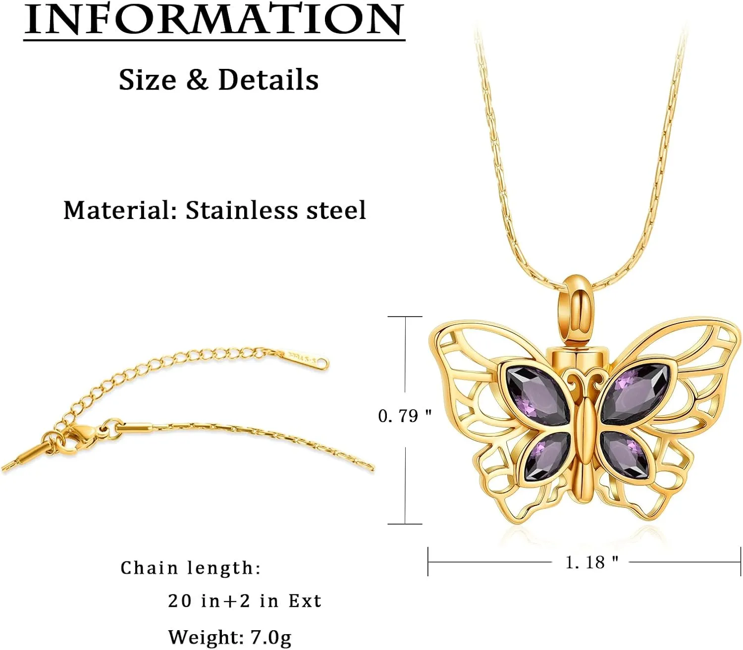 constantlife Butterfly Urn Necklace Cremation Jewelry for Ashes for Women Stainless Steel Inlaid Crystal Memorial Pendant Human Pet Ash Holder Keepsake Gift