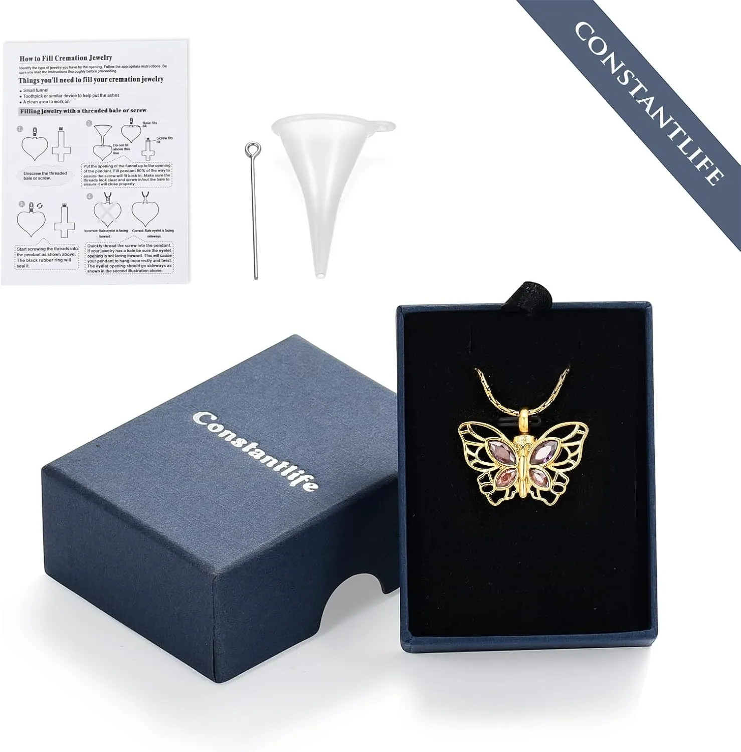 constantlife Butterfly Urn Necklace Cremation Jewelry for Ashes for Women Stainless Steel Inlaid Crystal Memorial Pendant Human Pet Ash Holder Keepsake Gift