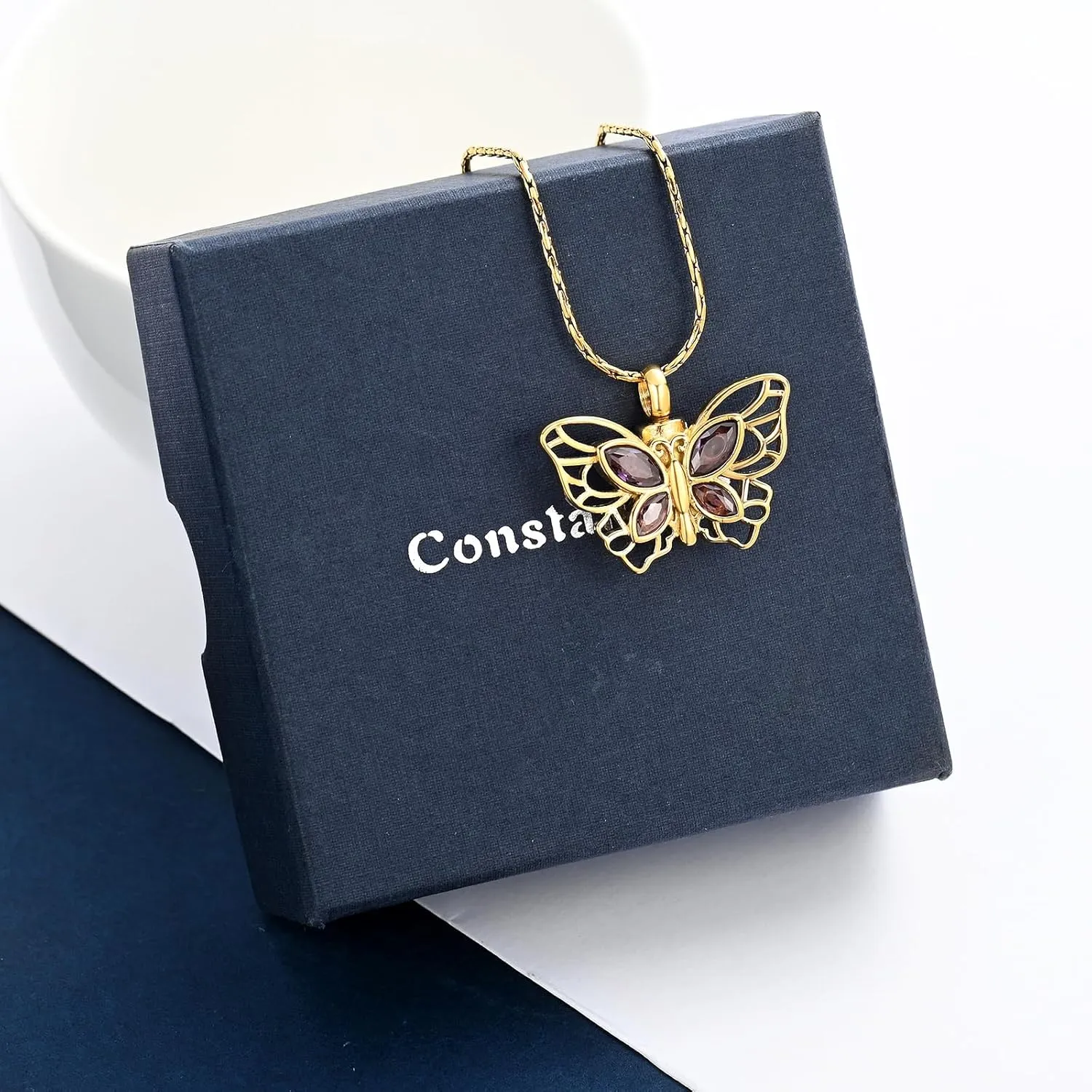 constantlife Butterfly Urn Necklace Cremation Jewelry for Ashes for Women Stainless Steel Inlaid Crystal Memorial Pendant Human Pet Ash Holder Keepsake Gift