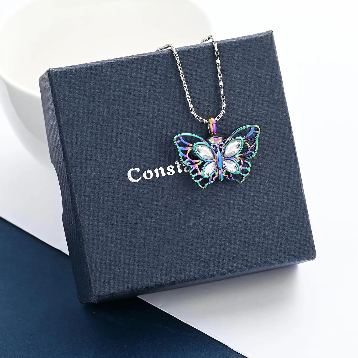 constantlife Butterfly Urn Necklace Cremation Jewelry for Ashes for Women Stainless Steel Inlaid Crystal Memorial Pendant Human Pet Ash Holder Keepsake Gift
