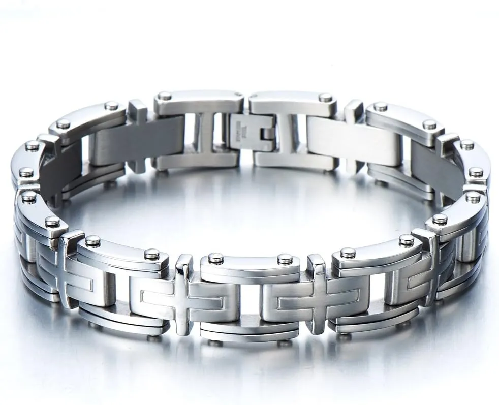 COOLSTEELANDBEYOND Exclusive Stainless Steel Man Jewelry Cross Link Bracelet for Men 8.85 Inches