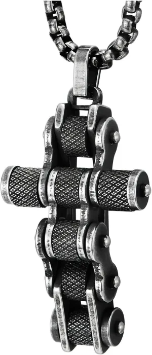 COOLSTEELANDBEYOND Men Bike Chain Cross Pendant Necklace, Stainless Steel, Biker Punk