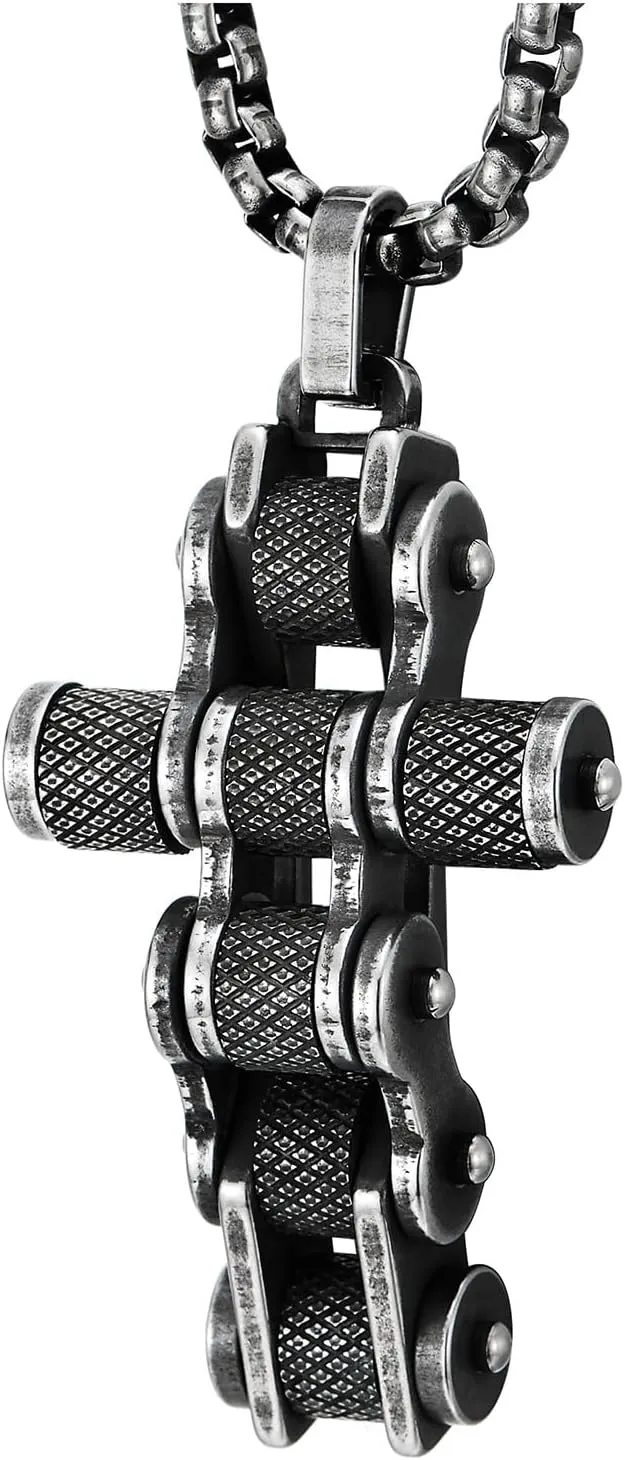 COOLSTEELANDBEYOND Men Bike Chain Cross Pendant Necklace, Stainless Steel, Biker Punk