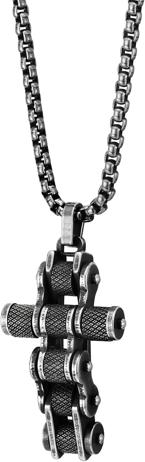 COOLSTEELANDBEYOND Men Bike Chain Cross Pendant Necklace, Stainless Steel, Biker Punk