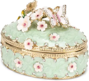 Cottage Garden Hand Painted Metal Enamel Hinged Trinket Box Ornamental Mini Jewelry Ring Earring Organizer Vintage Figurine Keepsake Box with Bejeweled Crystals, Floral Green Victorian Butterfly