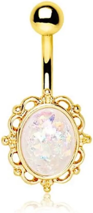 Covet Jewelry Gold Plated White Synthetic Opal Ornate Charm Navel Ring