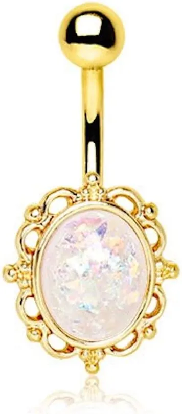 Covet Jewelry Gold Plated White Synthetic Opal Ornate Charm Navel Ring