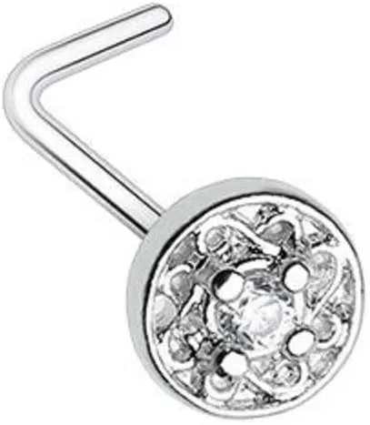 Covet Jewelry Round Ornate CZ Gem L-Shape Nose Ring