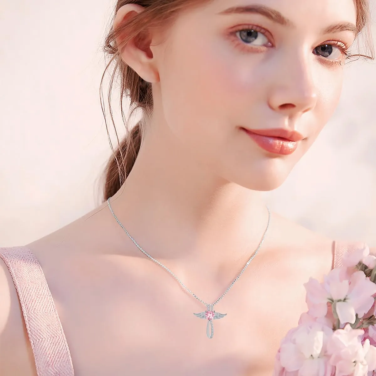 Cross Necklace for Women, 14K White Gold Plated Cross Necklace Angel Wings Cross Pendant with Birthstone Necklaces, 18" 2"