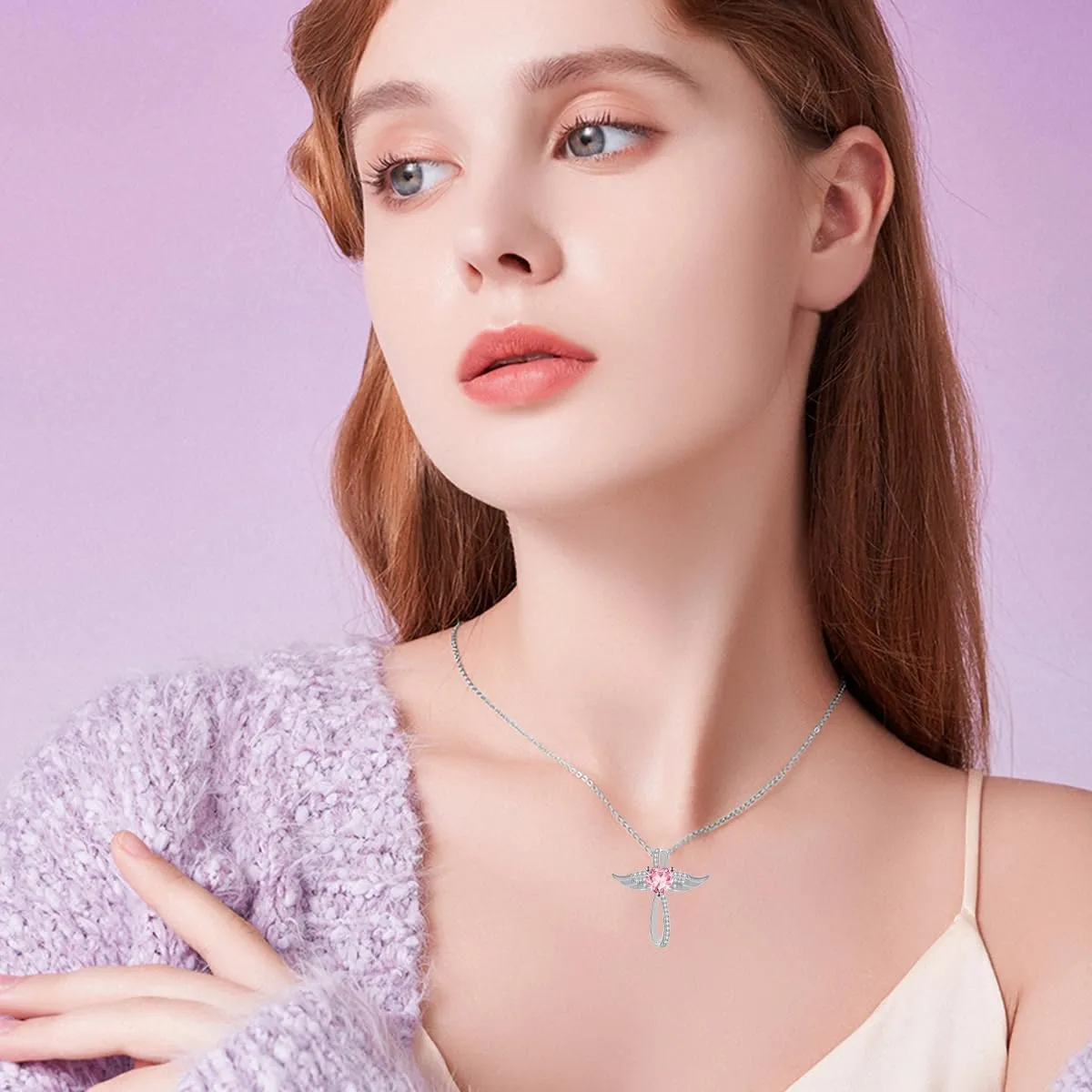 Cross Necklace for Women, 14K White Gold Plated Cross Necklace Angel Wings Cross Pendant with Birthstone Necklaces, 18" 2"