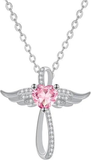 Cross Necklace for Women, 14K White Gold Plated Cross Necklace Angel Wings Cross Pendant with Birthstone Necklaces, 18" 2"