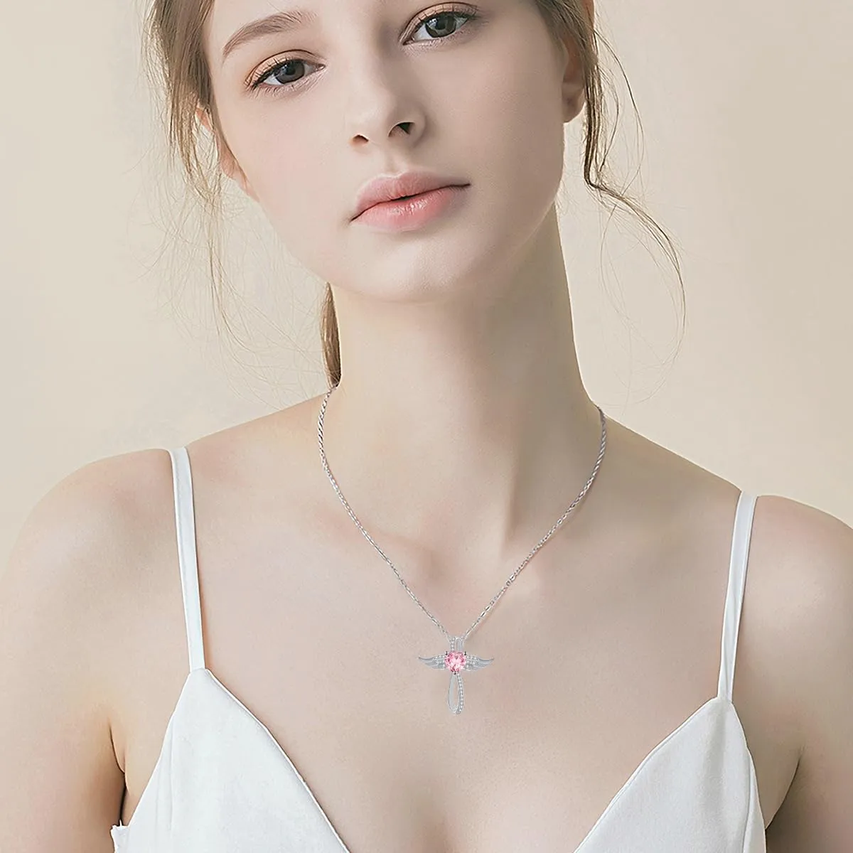 Cross Necklace for Women, 14K White Gold Plated Cross Necklace Angel Wings Cross Pendant with Birthstone Necklaces, 18" 2"