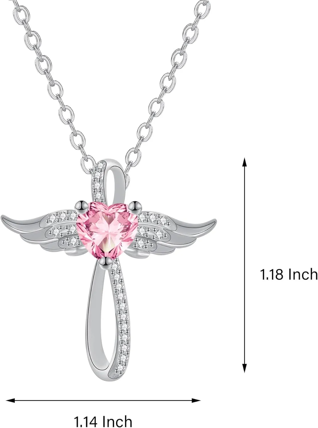 Cross Necklace for Women, 14K White Gold Plated Cross Necklace Angel Wings Cross Pendant with Birthstone Necklaces, 18" 2"