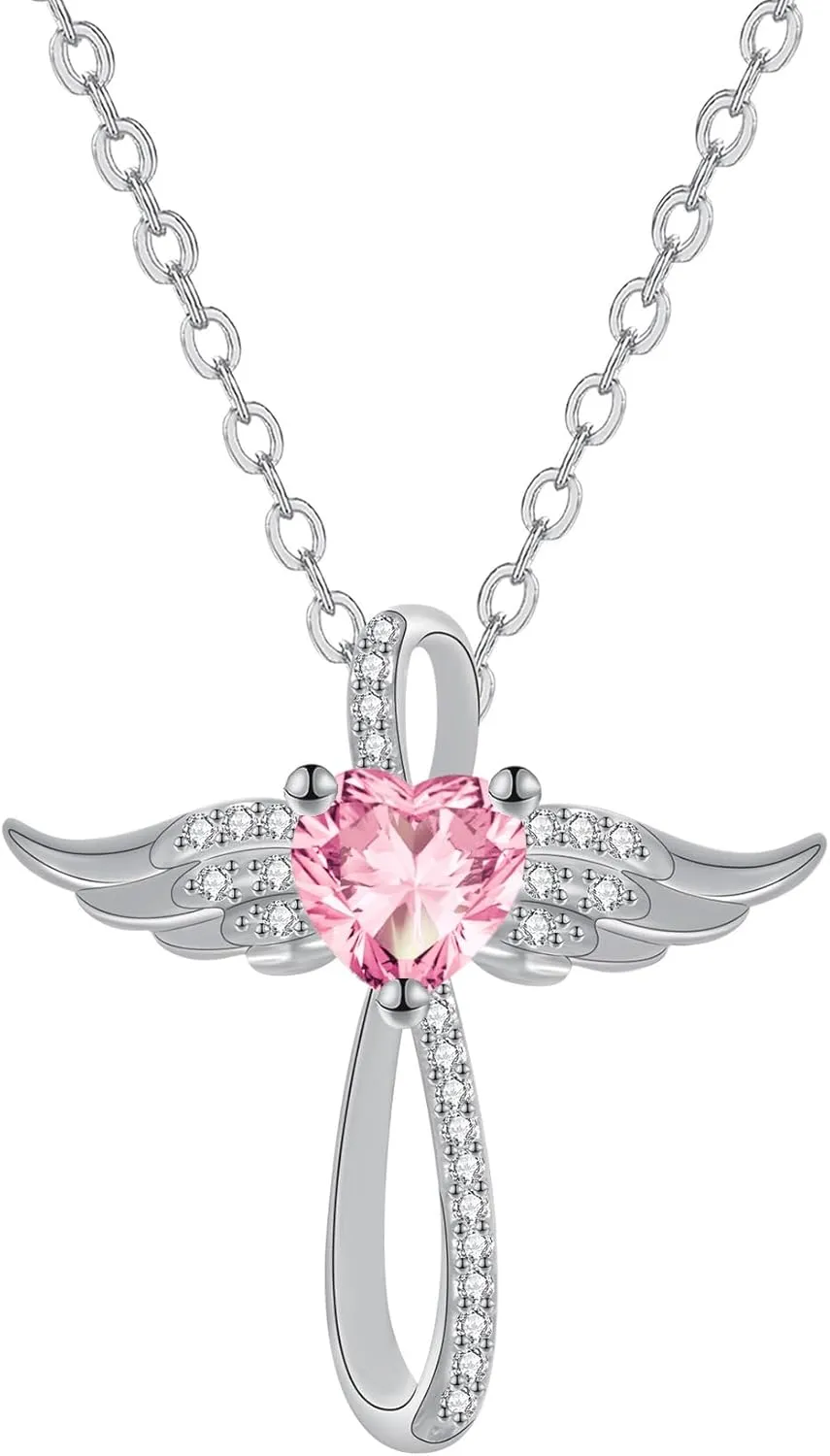 Cross Necklace for Women, 14K White Gold Plated Cross Necklace Angel Wings Cross Pendant with Birthstone Necklaces, 18" 2"