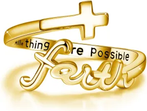 Cross Ring, Faith Ring Sterling Silver Adjustable Cross Wrap Ring Christian Fashion Band Ring for Women Girlfriend Gift