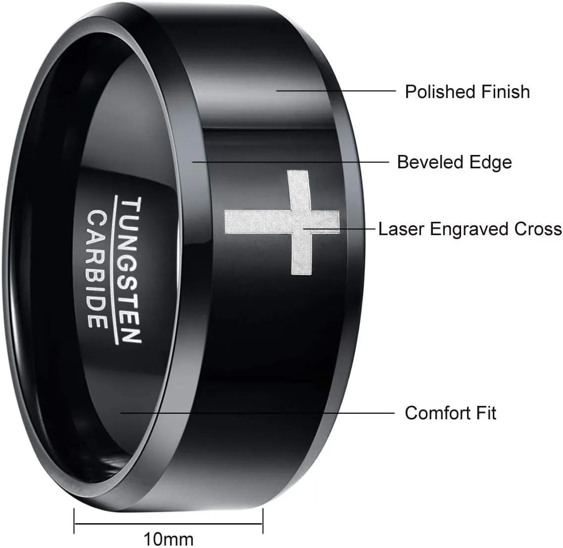 Cross Ring for Men 8mm/10mm Tungsten Wedding Bands Christian Rings with Beveled Edges Comfort Fit Size 7-12