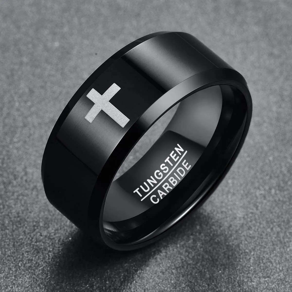Cross Ring for Men 8mm/10mm Tungsten Wedding Bands Christian Rings with Beveled Edges Comfort Fit Size 7-12