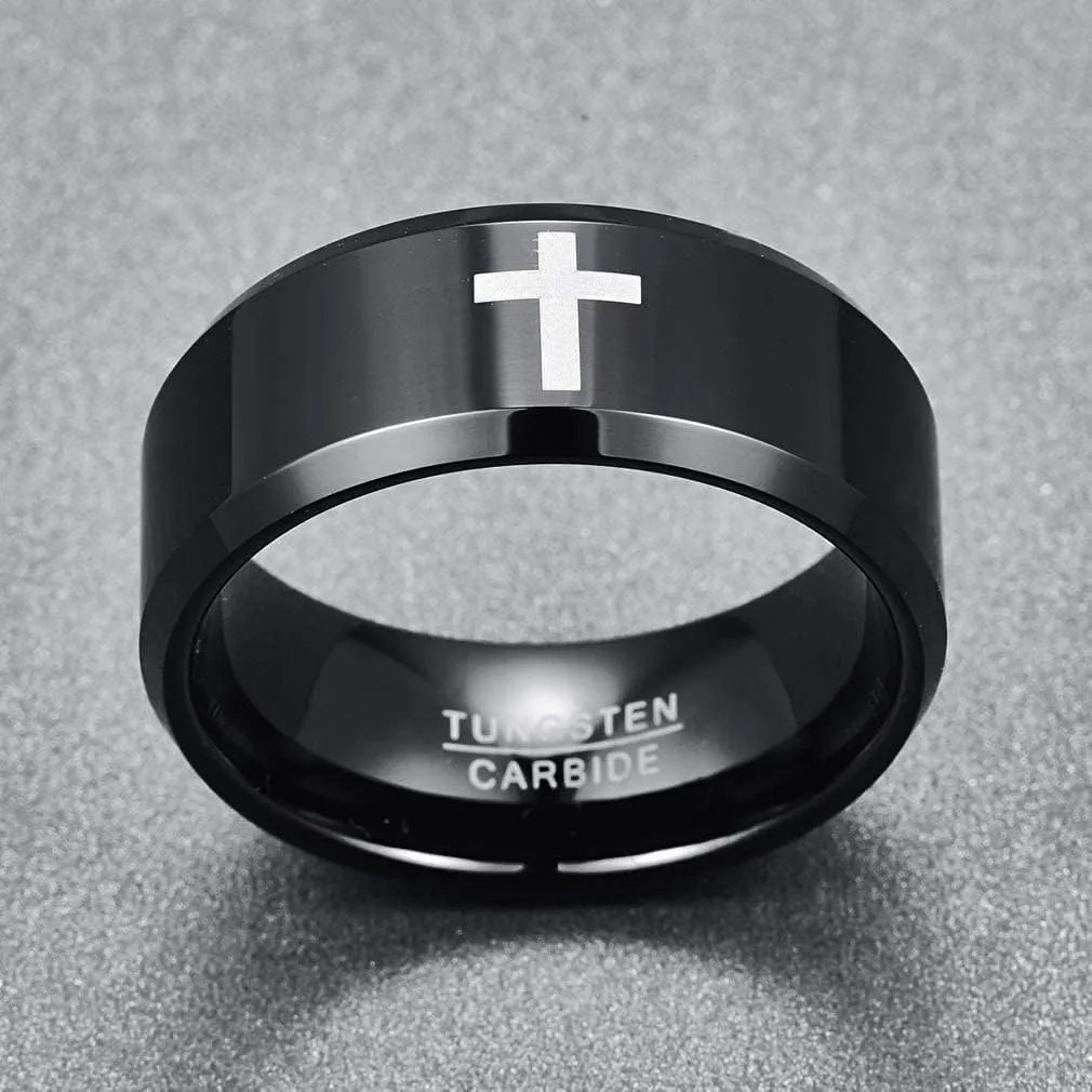 Cross Ring for Men 8mm/10mm Tungsten Wedding Bands Christian Rings with Beveled Edges Comfort Fit Size 7-12