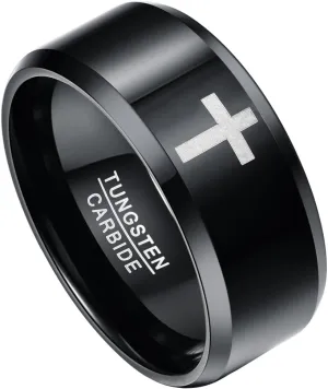 Cross Ring for Men 8mm/10mm Tungsten Wedding Bands Christian Rings with Beveled Edges Comfort Fit Size 7-12