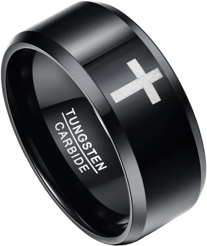 Cross Ring for Men 8mm/10mm Tungsten Wedding Bands Christian Rings with Beveled Edges Comfort Fit Size 7-12