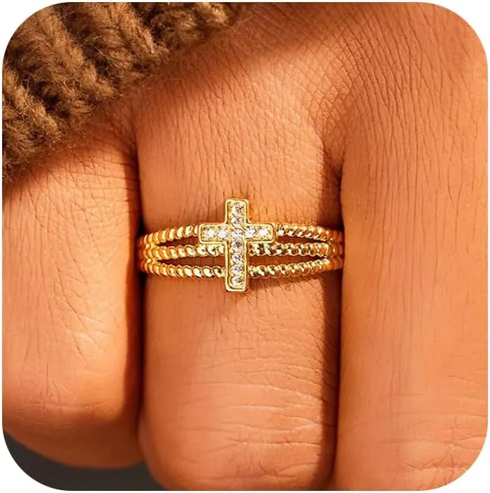 Cross Ring for Women 925 Silver Sterling 14K Gold Plated CZ Cross Crystal Ring to Wife Exquisite Shiny Cross Open Adjustable Gold Ring for Women Men Couple Wedding Christmas Jewelry Gifts Graduation Gift