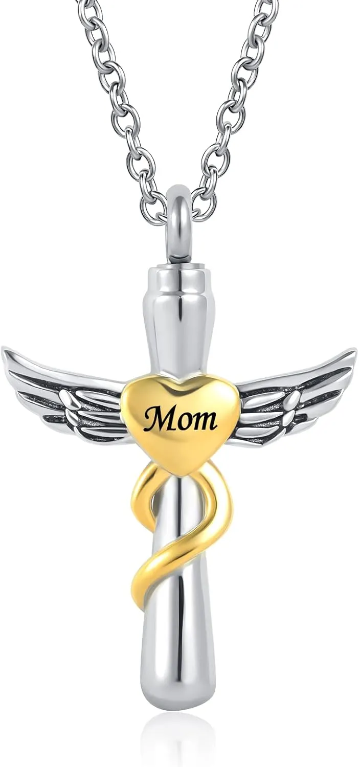 Cross Urn Necklace for Ashes Religious Cremation Jewelry Memorial Mom Dad Brother Stainless Steel Angel Wing Pendant Holder Keepsakes Jewelry