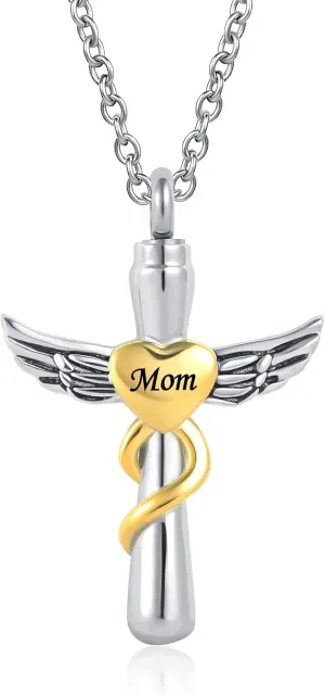 Cross Urn Necklace for Ashes Religious Cremation Jewelry Memorial Mom Dad Brother Stainless Steel Angel Wing Pendant Holder Keepsakes Jewelry