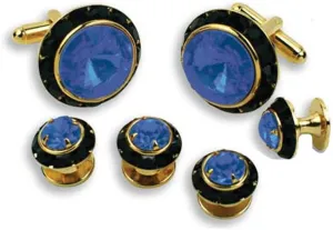 Crystal Cufflinks and Studs with Sapphire Center and Black Trim