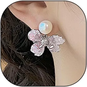 Crystal Flower Pearl Stud Earrings for Women Vintage Petal Rhinestone Dangle Earrings Pink Cz Gradient Color Drop Earrings Dainty Jewelry Gifts