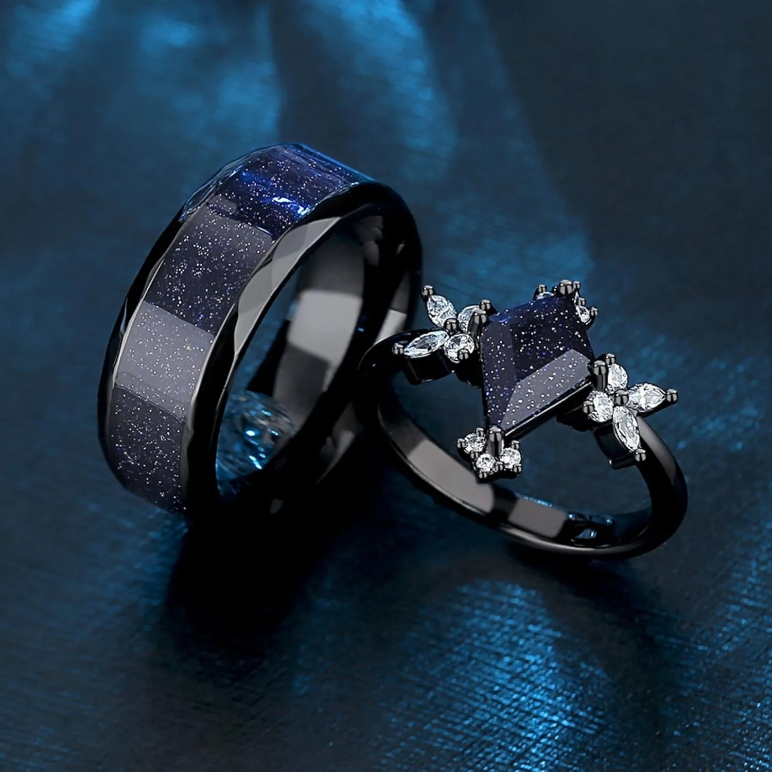 Custom Black Matching Rings - Couples' Blue Sandstone, Kite Cut with Personalized Engraving