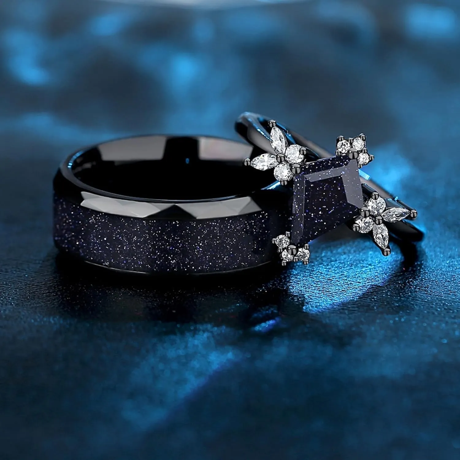 Custom Black Matching Rings - Couples' Blue Sandstone, Kite Cut with Personalized Engraving