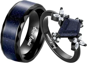 Custom Black Matching Rings - Couples' Blue Sandstone, Kite Cut with Personalized Engraving