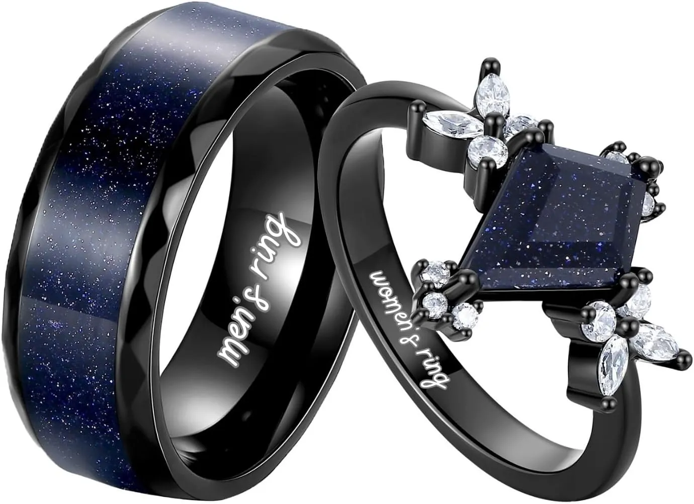 Custom Black Matching Rings - Couples' Blue Sandstone, Kite Cut with Personalized Engraving
