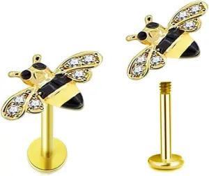Cute Honeybee Cartilage Labret Monroe Stud Earrings 316L Surgical Stainless Steel Crystal Cubic Zirconia Bee Tragus Conch Helix Studs Lip Nose Rings Fashion Body Piercing Bar 6mm 8mm Length Jewelry Gifts for Women Girls 16G
