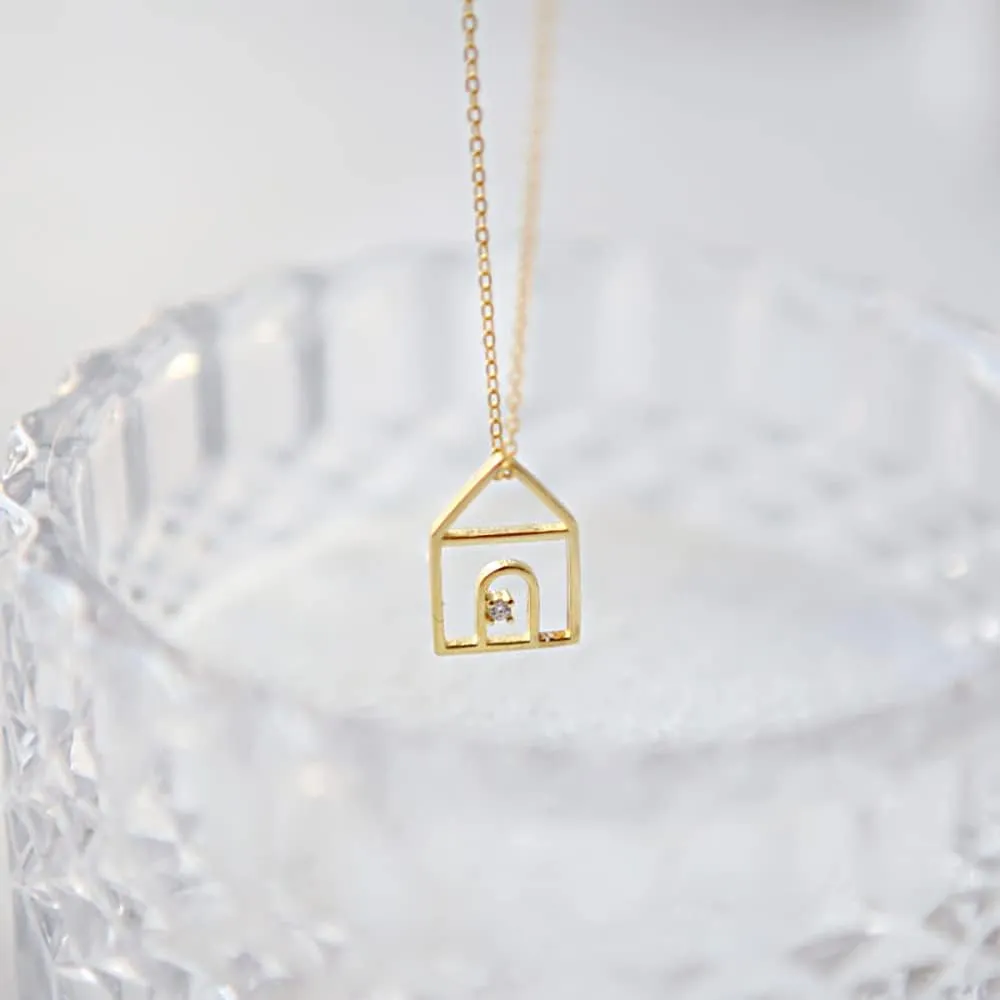 Cute House Pendant Necklace for Women Girls 925 Sterling Silver Cubic Zirconia Charm Home Warm Family Adjustable Choker Chain Hypoallergenic Delicate Lucky Birthday Promise Christmas Jewelry Gift