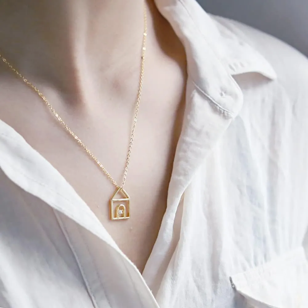 Cute House Pendant Necklace for Women Girls 925 Sterling Silver Cubic Zirconia Charm Home Warm Family Adjustable Choker Chain Hypoallergenic Delicate Lucky Birthday Promise Christmas Jewelry Gift