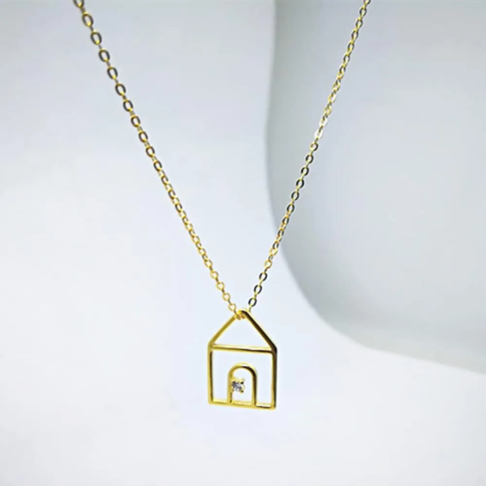 Cute House Pendant Necklace for Women Girls 925 Sterling Silver Cubic Zirconia Charm Home Warm Family Adjustable Choker Chain Hypoallergenic Delicate Lucky Birthday Promise Christmas Jewelry Gift