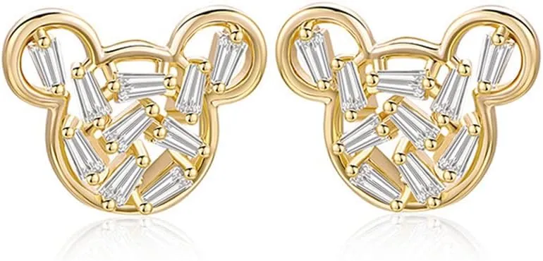 Cute Mini Mouse CZ Stud Earrings Sterling Silver Posts Lovely Crystal Cubic Zirconia Small Statement Cartilage Earring Studs Christmas Jewelry for Women Girls