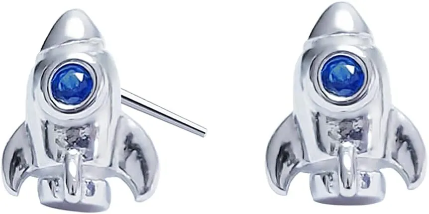 Cute Rocket Stud Earrings for Women Teen Girls 925 Sterling Silver Blue Cubic Zirconia Tiny Small Spaceship Earring Cartilage Tragus Post Pin Studs Earring Unique Birthday Gift for Daughter Niece