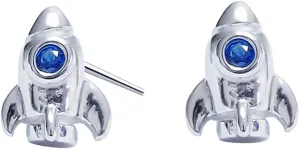Cute Rocket Stud Earrings for Women Teen Girls 925 Sterling Silver Blue Cubic Zirconia Tiny Small Spaceship Earring Cartilage Tragus Post Pin Studs Earring Unique Birthday Gift for Daughter Niece