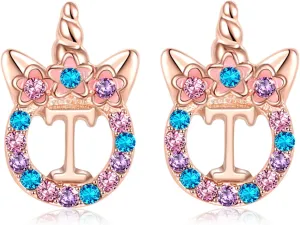 Cute Rose Gold Silver Initial Unicorn Hypoallergenic Stud Earrings Rhinestone Initial Letter Stud Earrings for Girls Unicorns Jewelry Gifts for Kids Toddler