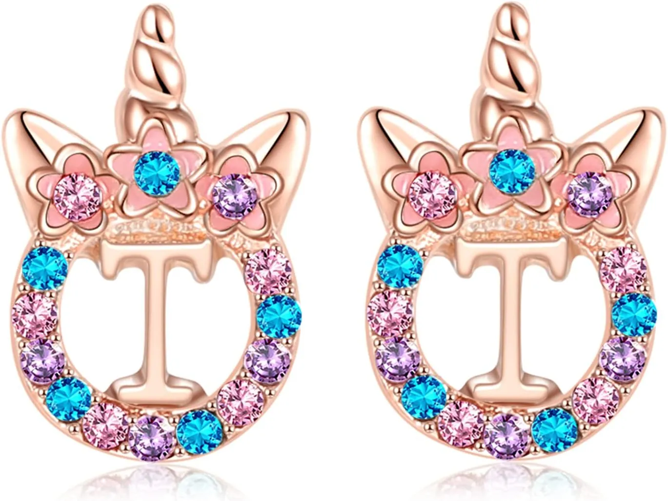 Cute Rose Gold Silver Initial Unicorn Hypoallergenic Stud Earrings Rhinestone Initial Letter Stud Earrings for Girls Unicorns Jewelry Gifts for Kids Toddler
