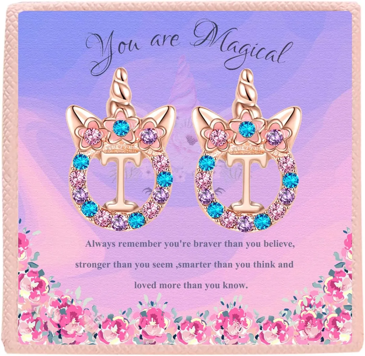 Cute Rose Gold Silver Initial Unicorn Hypoallergenic Stud Earrings Rhinestone Initial Letter Stud Earrings for Girls Unicorns Jewelry Gifts for Kids Toddler
