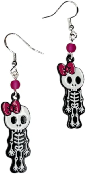 Cute Skeleton Dangle Earrings with Pink Bow, Gothic Fashion Jewelry Halloween